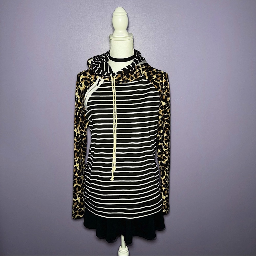 NEW Boutique Stripe and Leopard Print Hoodie